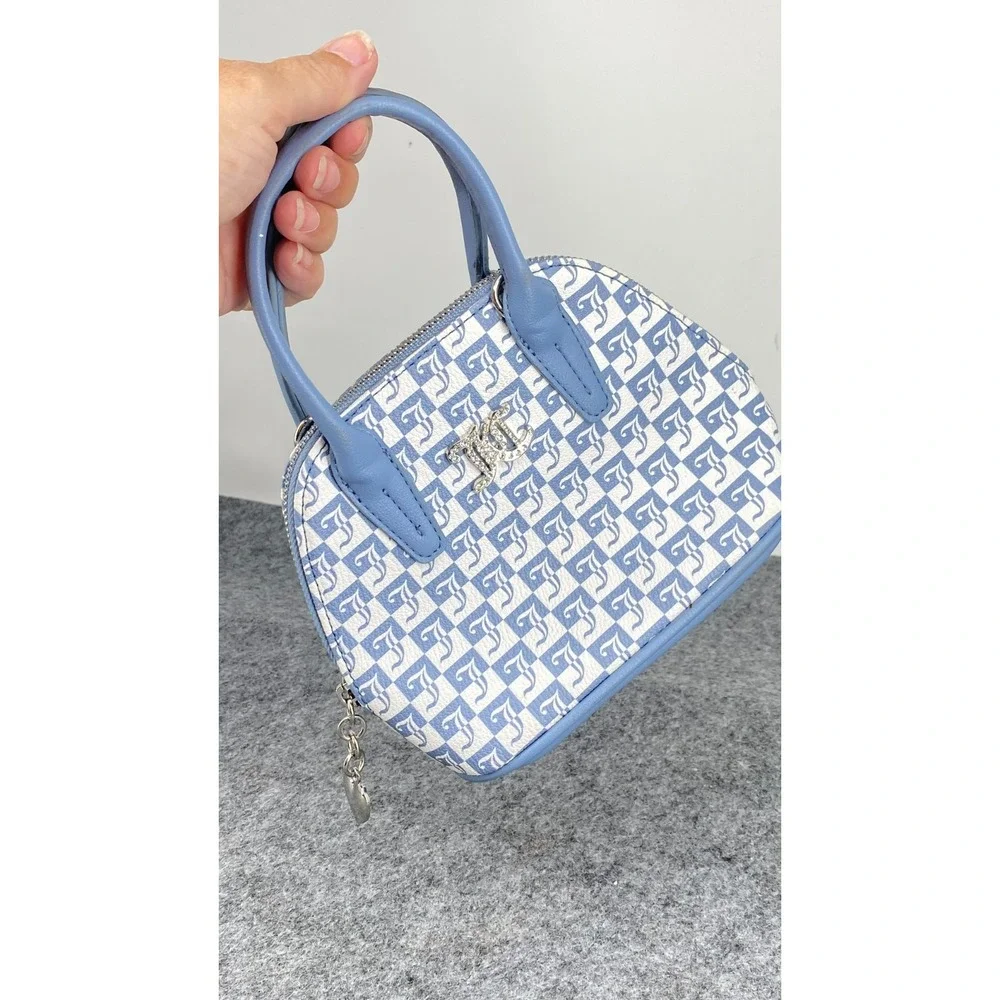 Juicy Couture Blue White Checkered Monogram Mini Dome Satchel Purse Rhinestone